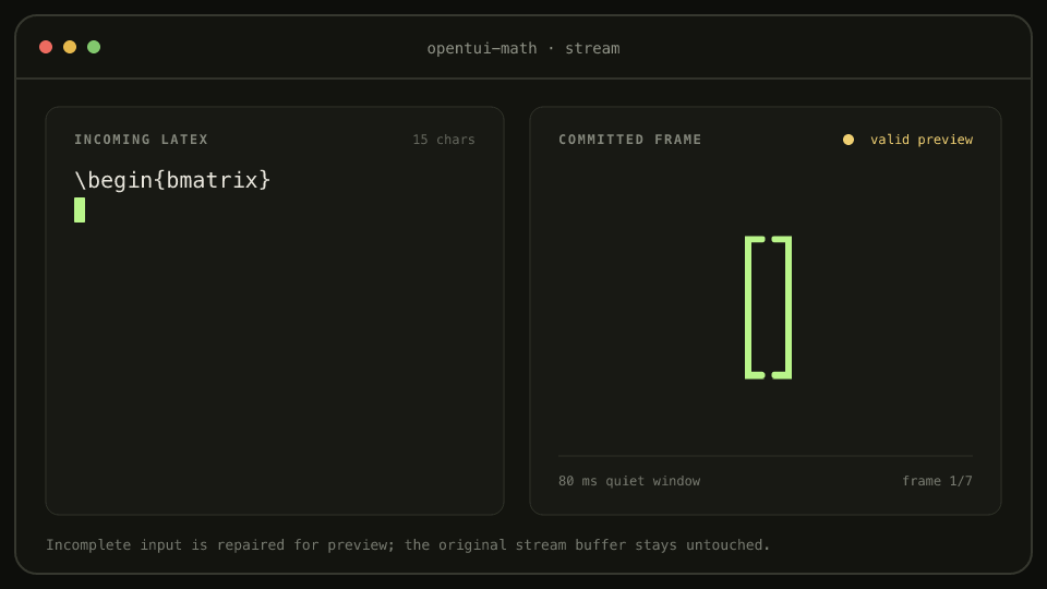 Incoming LaTeX matrix tokens on the left becoming valid high-resolution rendered frames on the right